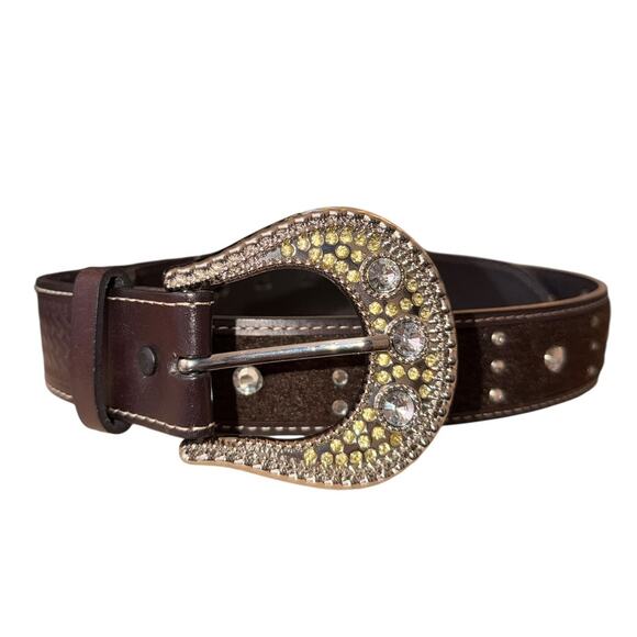 Western Jeweled Rhinestone Basketweave Leather Chunky Brown Belt Size Medium main image 9